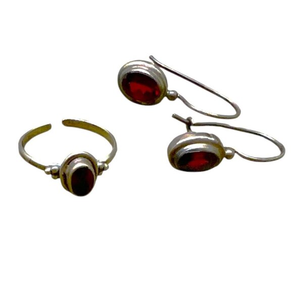 Vintage Garnet Drop Earrings & Garnet Toe or Pinky Ring Set - Picture 1 of 10